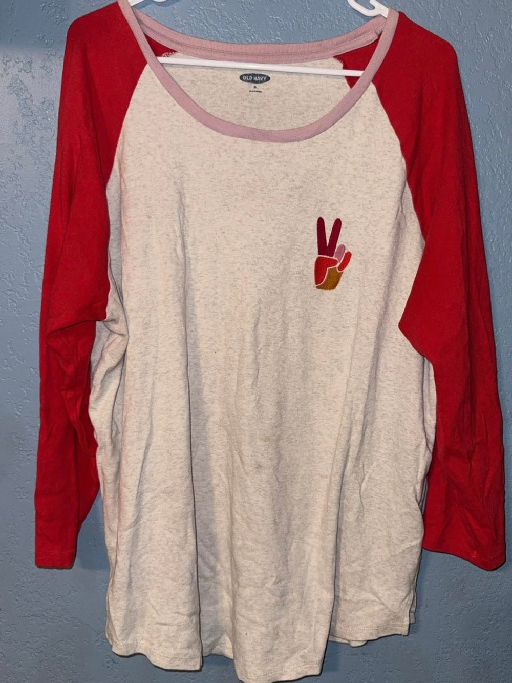 Old Navy Red and Cream Raglan Long-Sleeve Tee with Peace Hand Patch